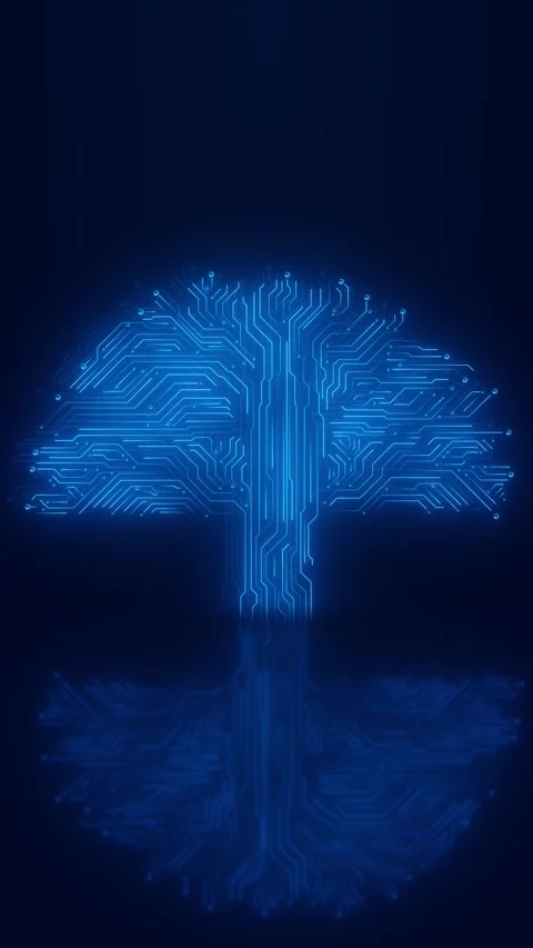 Blue circuit brain technology background glowing neural paths, electronic tree s Stock Footage 340549266