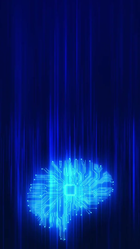Blue circuit brain technology glowing chip core, vertical data lines, and dark c Stock Footage 340526372