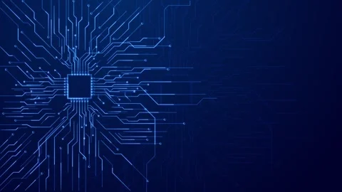 Blue circuit chip background glowing processor lines left, dark copy space on Stock Footage 333982334