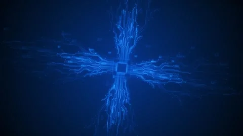Blue circuit chip background glowing processor core, electronic traces, cross Stock Footage 334062990