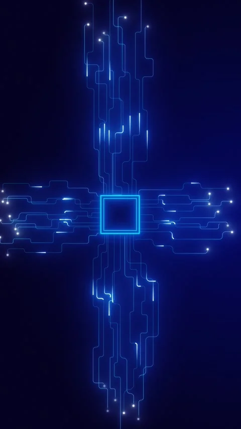 Blue circuit chip background with glowing processor square, clean electronic lin Stock Footage 340553390
