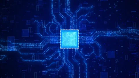 Blue circuit chip processor background glowing electronic paths, central Stock Footage 333973531