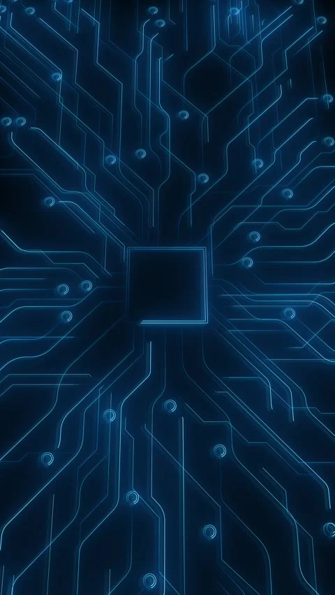 Blue circuit chip technology glowing processor lines, electronic nodes, dark dig Stock Footage 340479455