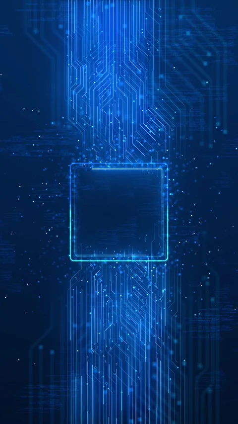 Blue circuit chip technology with glowing processor frame, data tracks, code par Stock Footage 340577265
