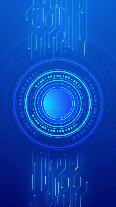 Blue circuit circle interface glowing center disk, electronic side lines, and fu Stock Footage 340574512