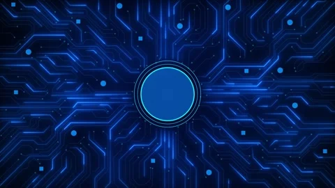 Blue circuit core technology glowing neon lines, central circle panel, electroni Stock Footage 340456313