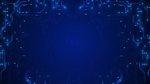 Blue circuit frame background glowing cyan paths, electronic nodes, center space Stock Footage 340452385