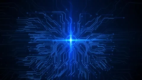 Blue circuit light burst background glowing electronic paths radiating a bright Stock Footage 340403328