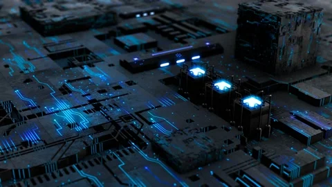 Blue circuit lines over geometric shapes metal surface Video stock 169624430