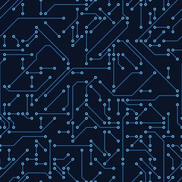 Blue circuit lines seamless pattern on dark navy background, abstract electronic Stock Illustration