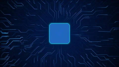 Blue circuit lines spread from a glowing rounded square in the center, Stock Footage 341003515