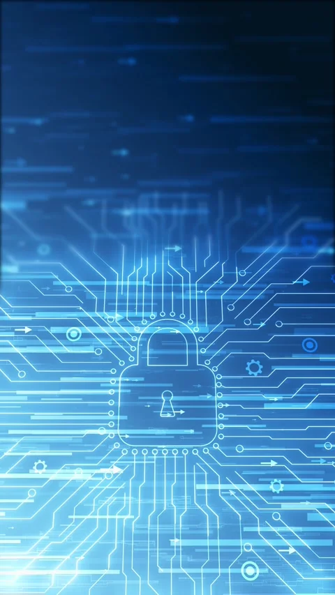 Blue circuit lock security central padlock, glowing electronic lines, gear icons Stock Footage 340528108