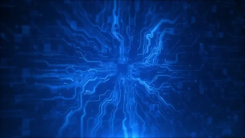 Blue circuit microchip technology background glowing board traces, central proce Stock Footage 340400323