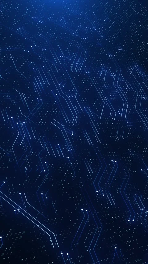 Blue circuit particle network diagonal electronic traces, glowing nodes, dotted Stock Footage 340565186