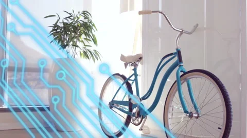 Blue circuit pattern animation over vintage bicycle near indoor plant Stock Footage 304859669