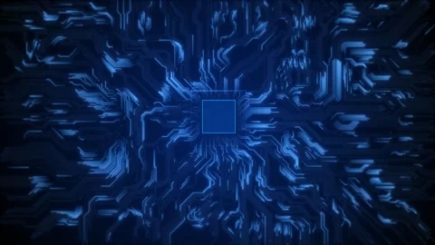 Blue circuit processor background with central chip square, glowing paths, Stock Footage 333858356
