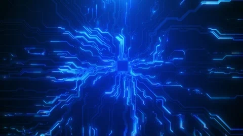 Blue circuit processor background with glowing cyan traces, central chip shape Stock Footage 333859995