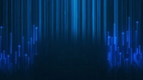 Blue circuit rain technology background vertical glowing data lines, electronic Stock Footage 340525737