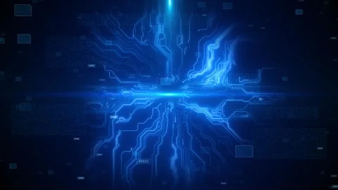 Blue circuit technology background glowing electronic paths, light flare, data Stock Footage 334106548