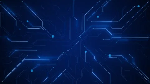 Blue circuit technology glowing electronic traces, digital nodes, dark board tex Stock Footage 340457001