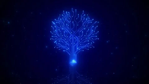 Blue circuit tree background glowing branches, nodes, star space, futuristic Stock Footage 334104758