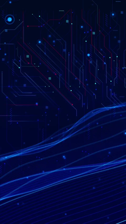 Blue circuit wave technology background with flowing light streaks, red accent t Stock Footage 340577358