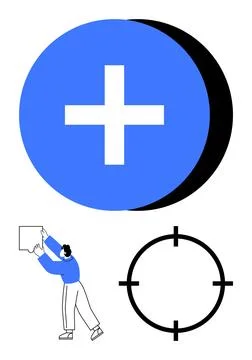 Blue circular add button with plus sign, person holding a puzzle piece above  イラスト素材