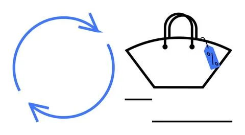 Blue circular arrows next to a black handbag with a blue price tag represen.. 스톡 일러스트