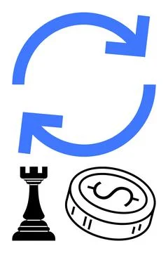 Blue Circular Arrows Symbolizing Process or Strategy with Rook and Dollar C.. Stock Illustration