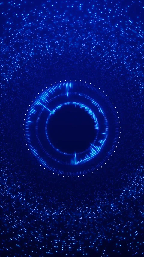 Blue circular audio HUD visualizer glowing waveform ring, dotted particle field, Stock Footage 340571447
