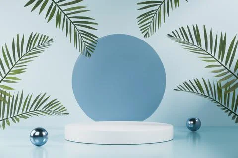 Blue circular backdrop with palm leaves and white stage. Stock Illustration
