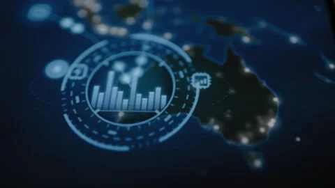 Blue circular bar chart overlays a luminous map of Australia Stock Footage 342486363