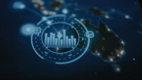 Blue circular bar chart overlays a luminous map of Australia 스톡 사진