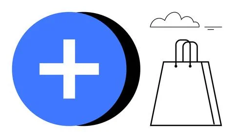 Blue circular button with white plus sign, minimalist shopping bag sketch, an 스톡 일러스트