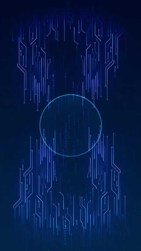 Blue circular circuit code background with glowing ring frame, falling binary di Stock Footage 340552528