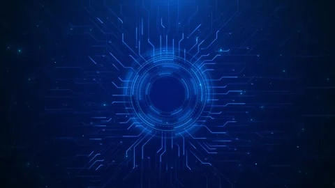 Blue circular circuit HUD background glowing central ring, electronic lines, par Stock Footage 340409987