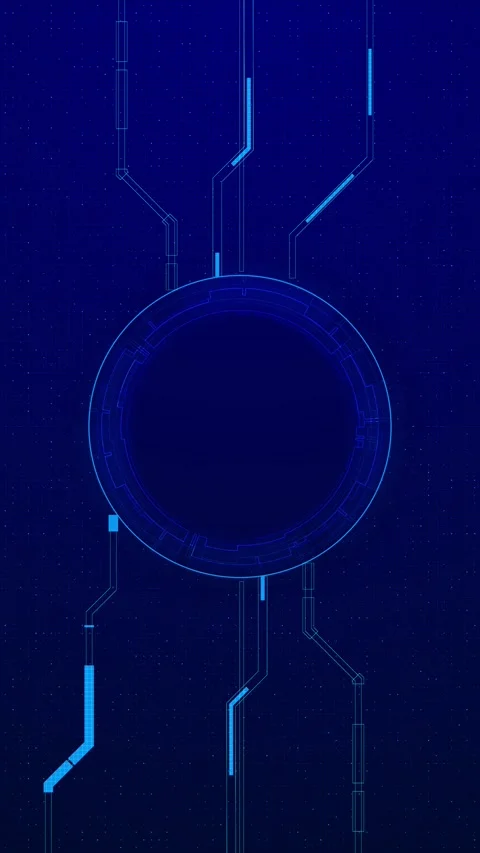Blue circular circuit HUD background central dark ring, thin electronic routes, Stock Footage 340526313