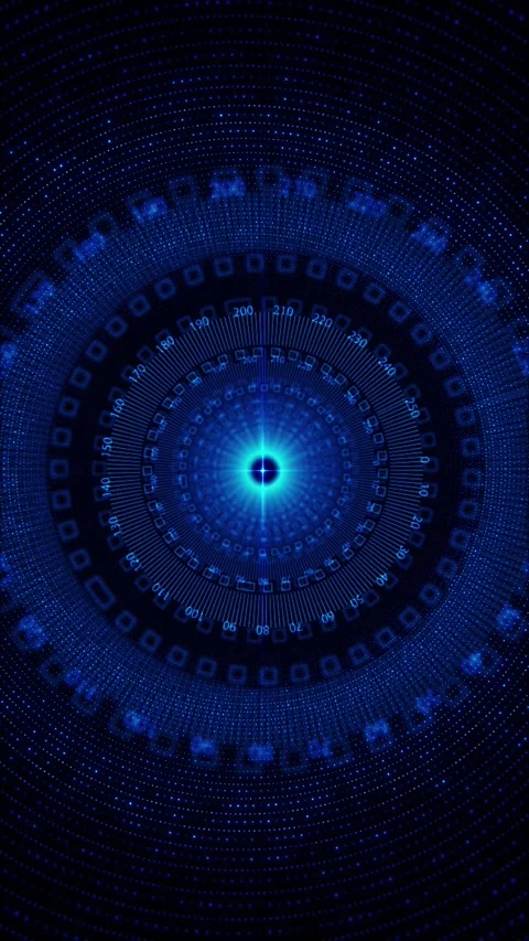 Blue circular data gauge background glowing center light, dotted radial rings, n Stock Footage 340554104