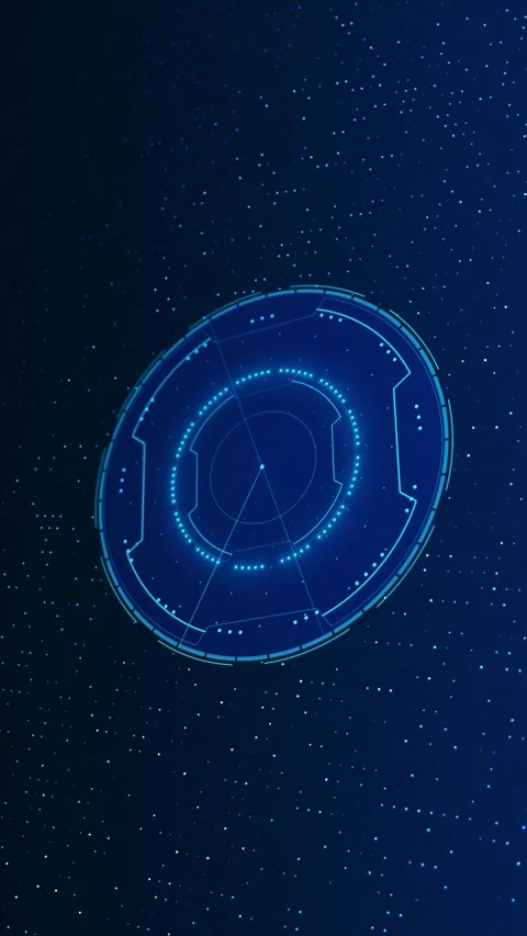 Blue circular data HUD glowing radar rings, dotted digital particles, and clean Stock Footage 340574060