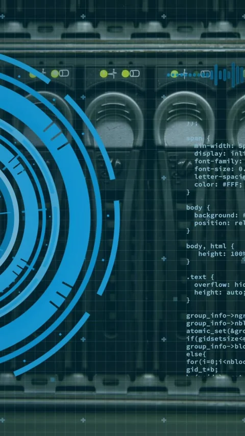 Blue circular data processing animation over computer code and server hardware Video stock 343505217