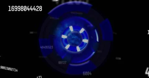 Blue circular data visualization image with numbers and glowing segments 스톡 사진