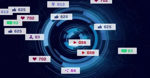Blue circular digital interface glowing in network backdrop, with social media Illustrazione stock