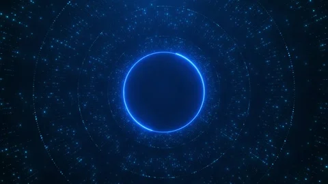 Blue circular digital particle tunnel glowing rings, dotted depth, and dark tech Stock Footage 340410359