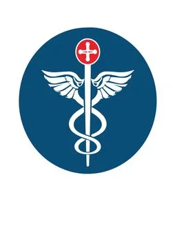 A blue circular emblem features a white caduceus symbol Stock Illustration