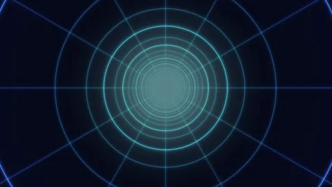 Blue circular grid wireframe tunnel moving forward seamless loop animation Video stock 347088359