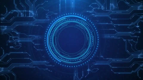 Blue circular HUD circuit interface glowing cyan rings, electronic lines, dotted Stock Footage 334124228