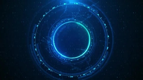 Blue circular HUD interface background glowing rings, digital numbers, network l Stock Footage 340411828