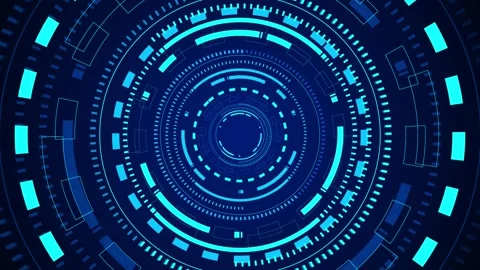 Blue circular HUD interface cyan concentric rings, tech marks, radial depth, fut Stock Footage 340457178