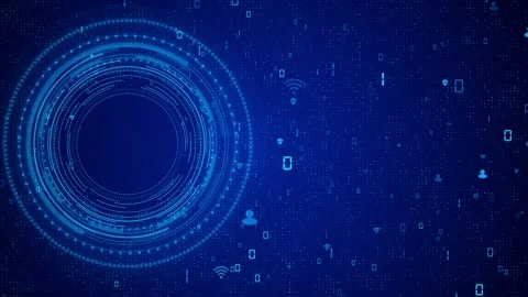 Blue circular HUD interface glowing rings, digital particles, floating network i Stock Footage 340411090