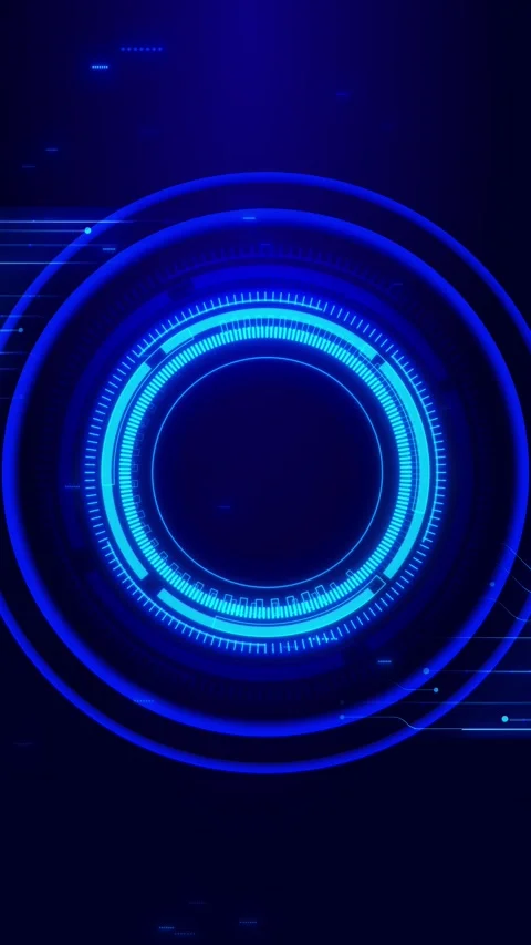 Blue circular HUD interface glowing rings, circuit lines, radial markings, and d Stock Footage 340567742